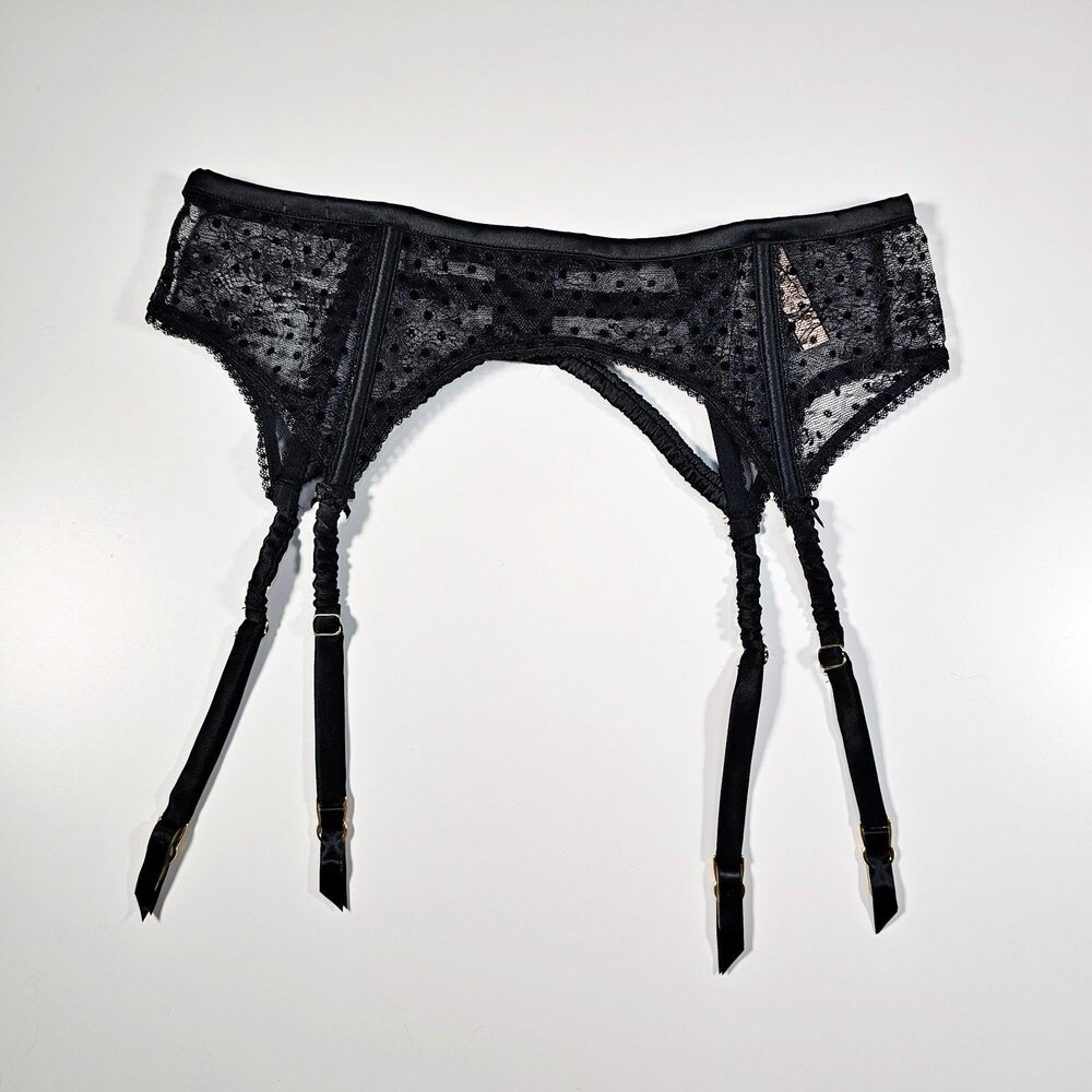 Victoria's Secret Dream Angels Black Sheer Garter Belt Polka Dots Size M/L